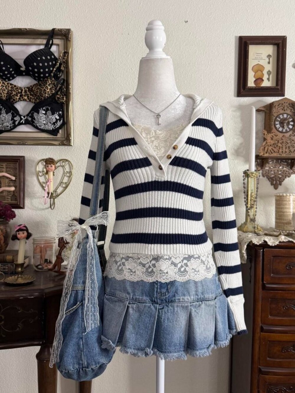 Preppy cozy girly grunge navy and blue striped hooded cropped henley sweater
